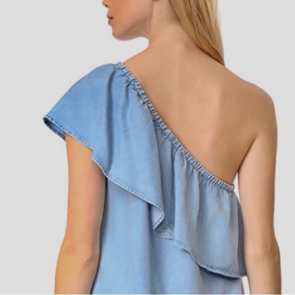 7 FOR ALL MAN KIND-One-Shoulder Ruffled Denim Dress, Indigo. Size XS. - Picture 3 of 6